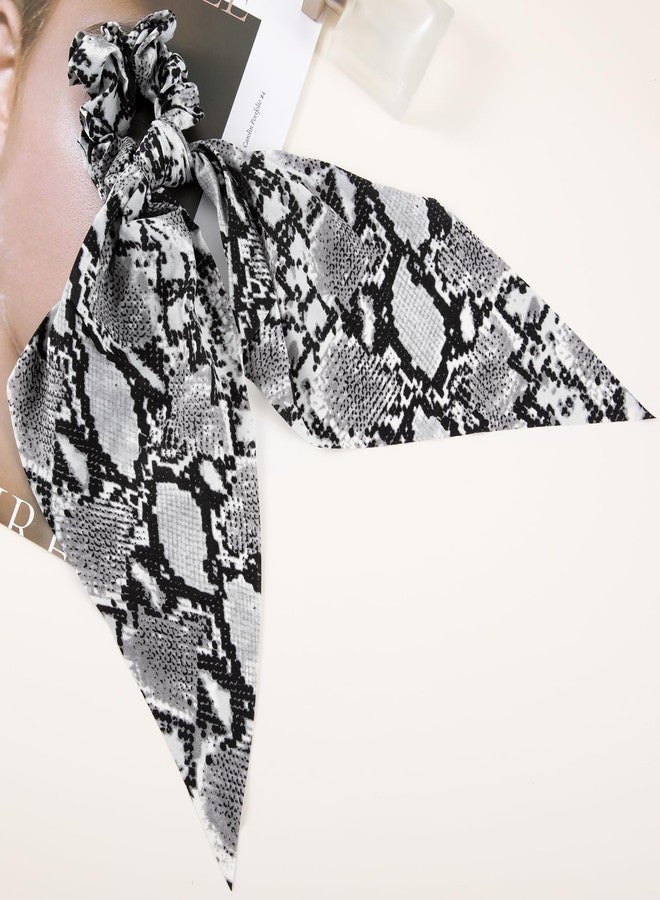 Mxxipp 2pcs Snake Print Bow Hair Tie, Elastics Non-Slip Bow Scrunchies Band, Soft Long Tail Bowknot Ties Ponytail Holder Accessories for Curly Straight Thick Fine Hair- Grey - Image 3
